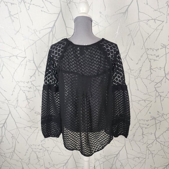 Nine West Black Sheer Jacquard Puff Sleeve Peasant Top - Picture 5 of 6